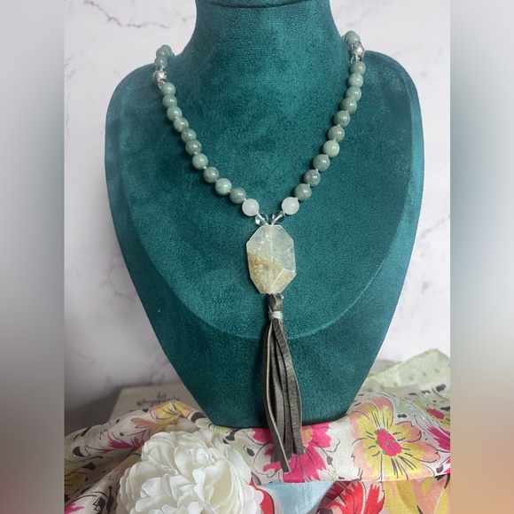 Handcrafted Jade Bead Mala with Leather Tassel - Picture 2 of 6